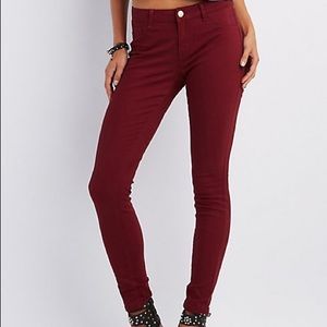 Maroon skinny, stretch jeans